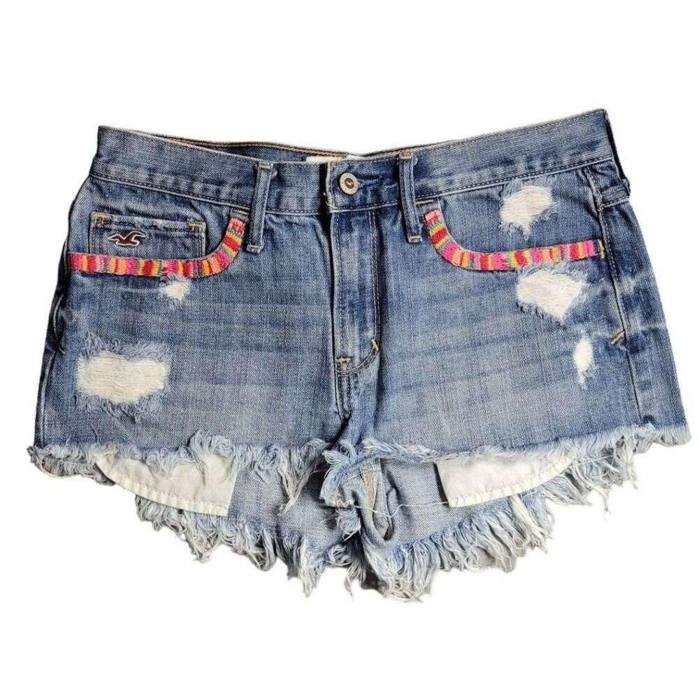 Hollister‎ Embroidered Shorts Booty Colorful Blue Denim Jean Fringe Womens 7